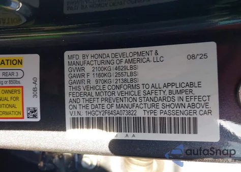 2025 Honda Accord Hybrid Ex-L из США, поврежденный, VIN 1HGCY2F64SA073822